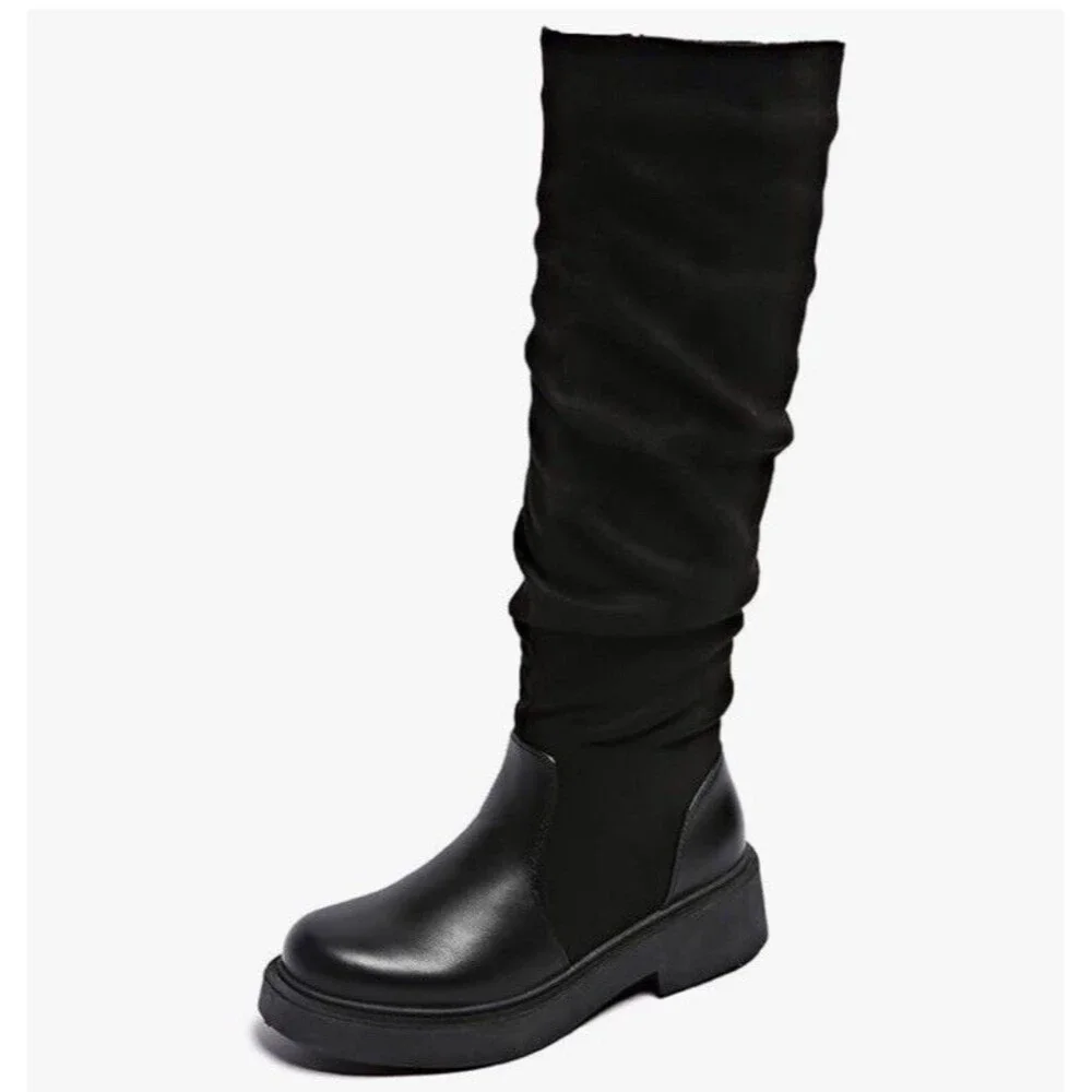 Women's Fashion Thick Heel Riding Boots Black Side Zipper Durable Elegant 7.5